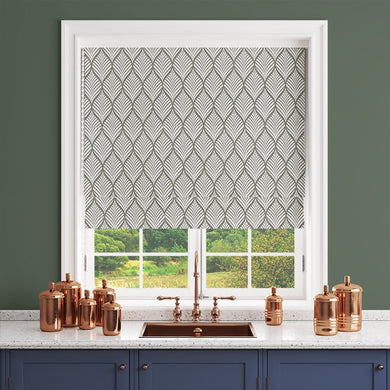 Marlow leaf pattern in Fennel on white background styled as a roller blind in a kitchen setting.