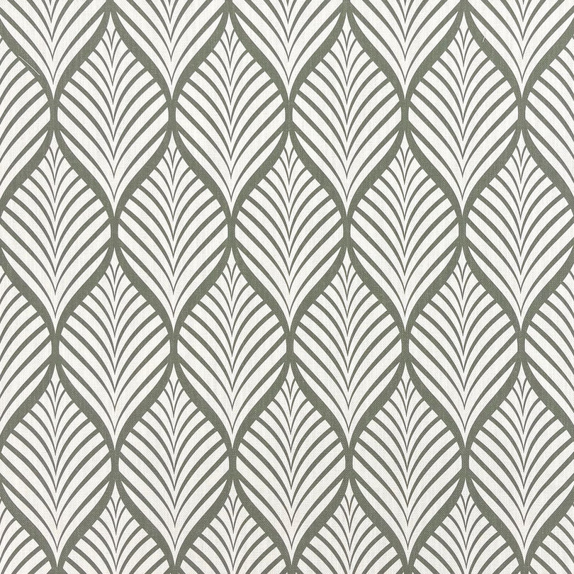 Close-up of Marlow Fennel on white linen background, showing geometric leaf upholstery fabric design.