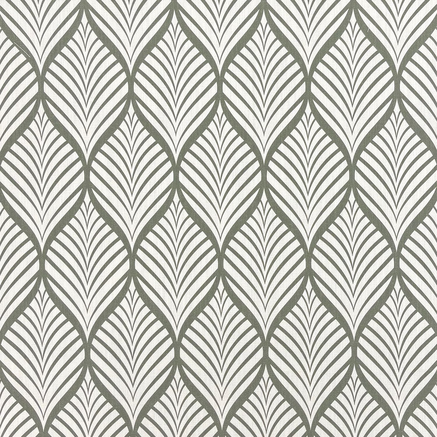 Close-up of Marlow Fennel on white linen background, showing geometric leaf upholstery fabric design.