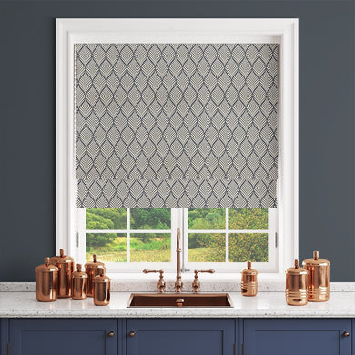 Marlow Linen Curtain Fabric in Navy on Natural – shown as a roller blind