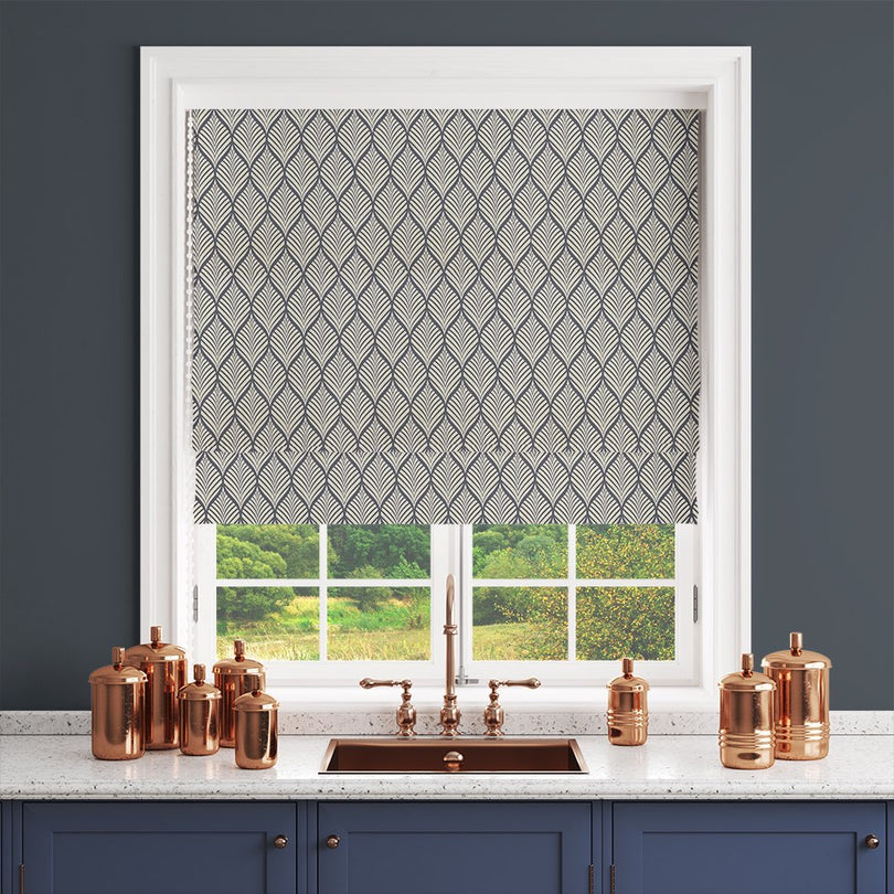 Marlow Linen Curtain Fabric in Navy on Natural – shown as a roller blind