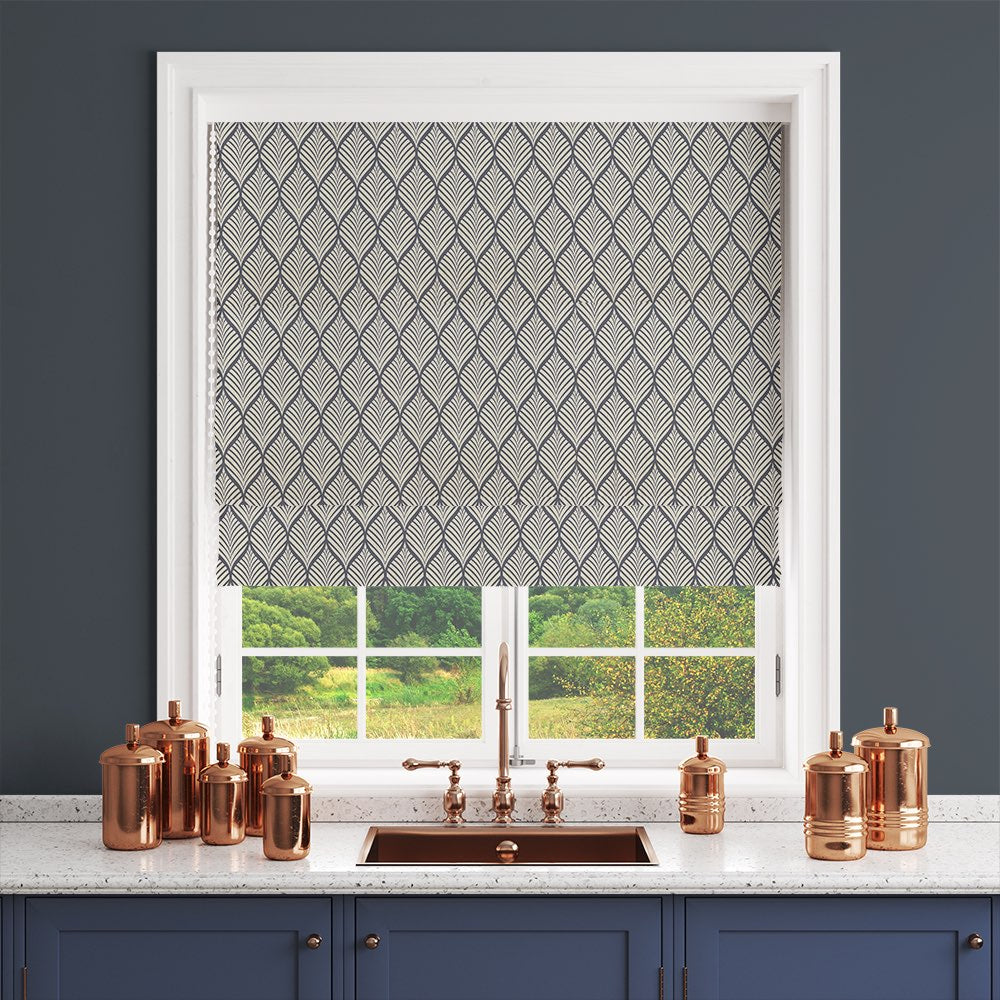 Marlow Linen Curtain Fabric in Navy on Natural – shown as a roller blind