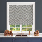 Marlow Linen Curtain Fabric in Navy on Natural – shown as a roller blind