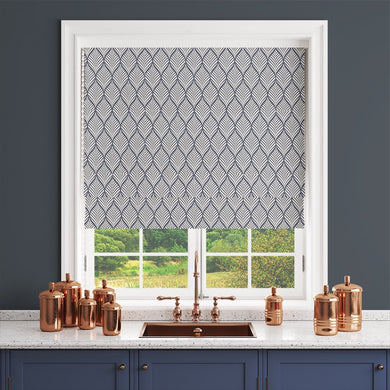 Marlow Linen Curtain Fabric in Navy on White – shown as a roller blind