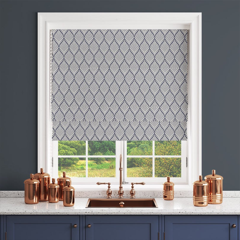 Marlow Linen Curtain Fabric in Navy on White – shown as a roller blind