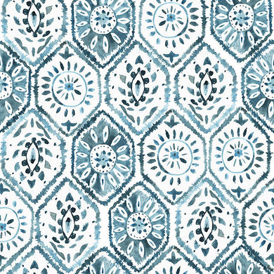 Marrakesh Cotton Curtain Fabric in Aegean Blue with intricate geometric pattern