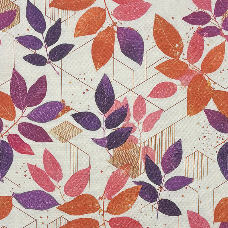 Leaf pattern curtain fabric with purple and orange leaves geometric cotton design