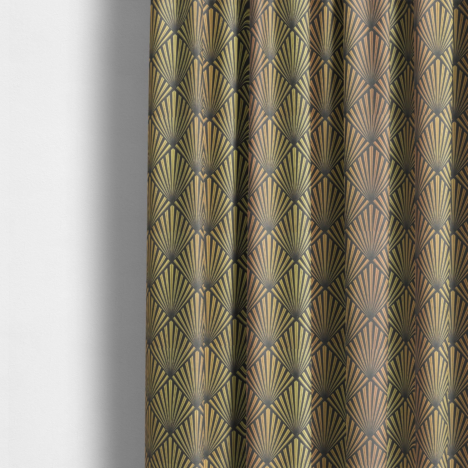 bold art deco curtain fabric in black and gold used for statement curtain panels