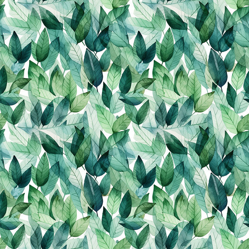 Mercia green leaf curtain fabric with layered forest, mint and teal watercolour foliage