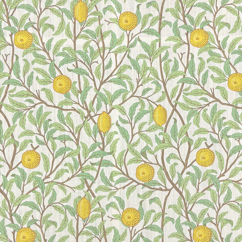 Messina lemon tree design linen curtain fabric – flat view of yellow and green botanical print