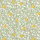 Messina lemon tree design linen curtain fabric – flat view of yellow and green botanical print