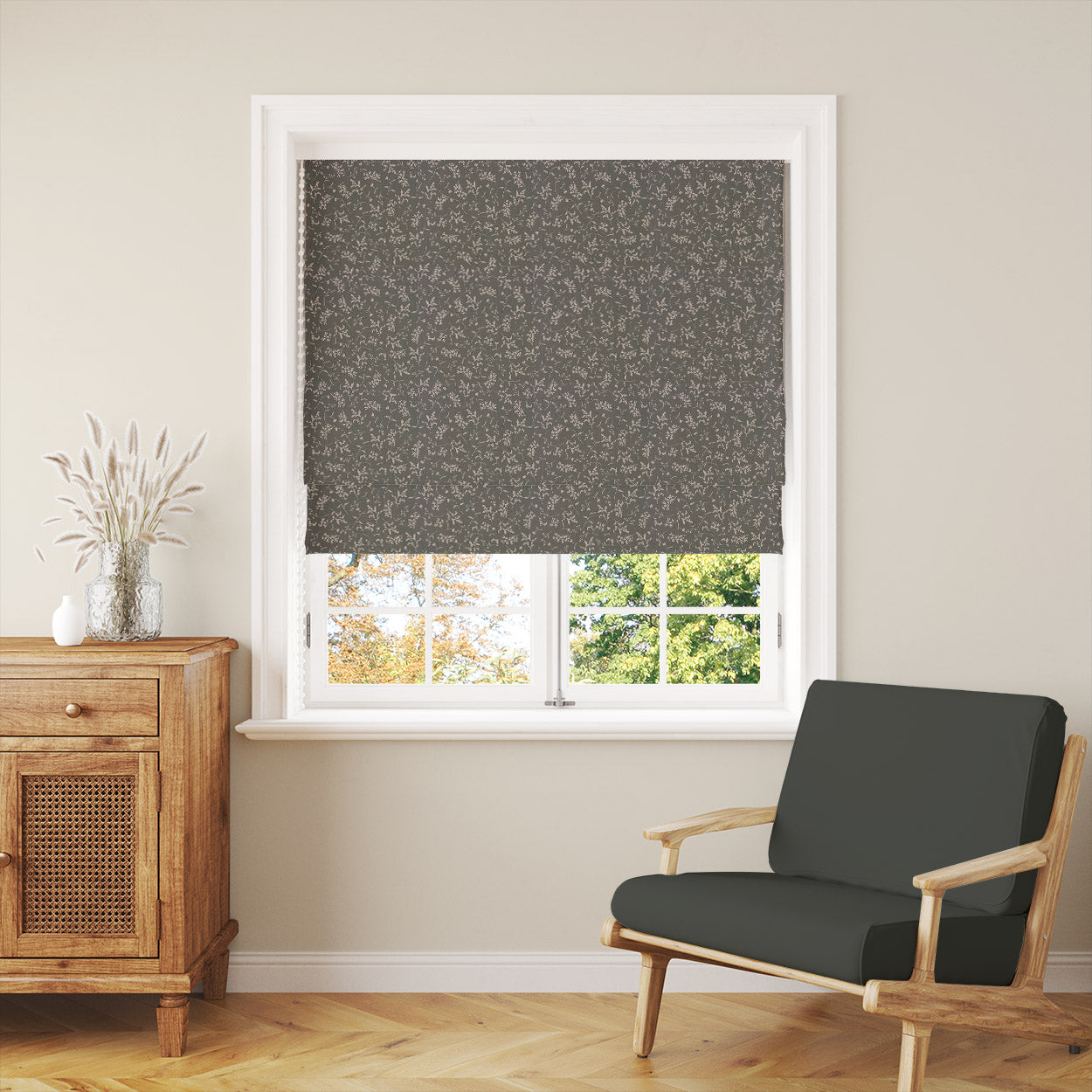 Milly Dark Sage Roman blind in room setting showing floral linen curtain fabric