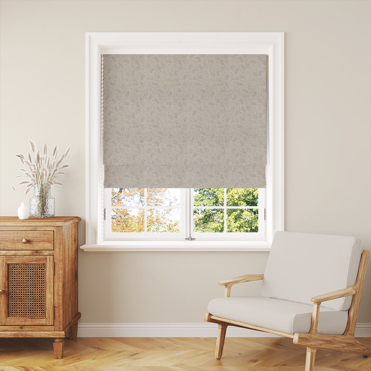 Milly Linen Roman blind roomset showing botanical linen curtain fabric