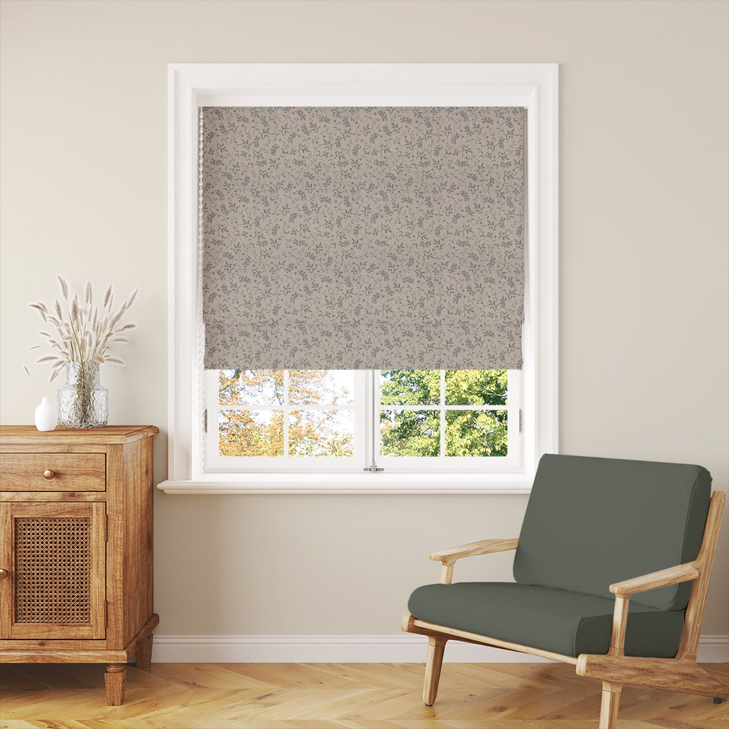 Milly Oat Roman blind roomset showing warm neutral floral linen curtain fabric