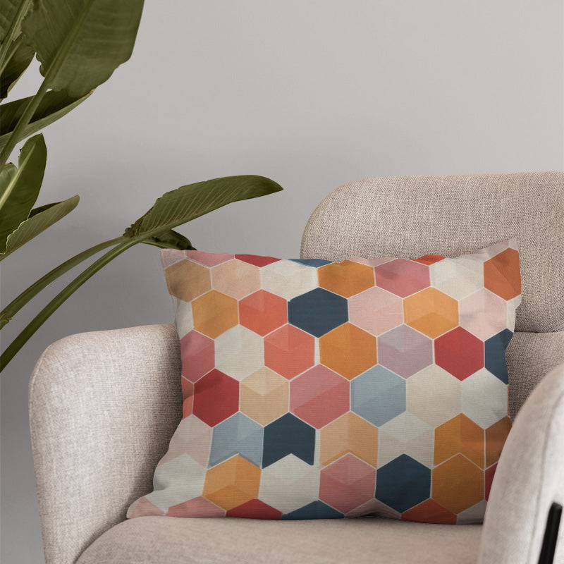 geometric multicoloured cotton curtain fabric used for cushion with hexagon diamond pattern in warm and cool tones