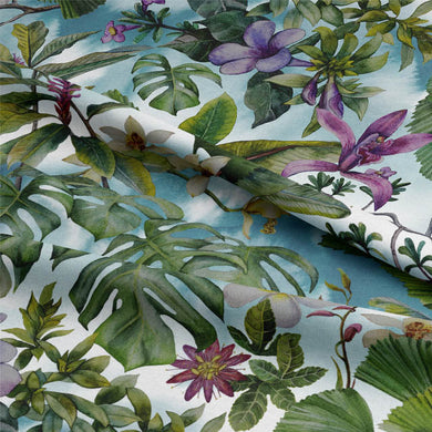Close-up of Musa Linen Curtain Fabric in Azure, showcasing the intricate and textured weave of the fabric