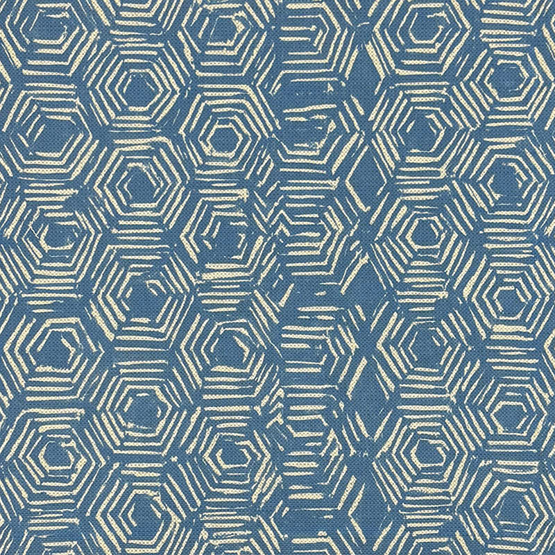 Newton blue geometric upholstery fabric with printed hexagonal design in a flat swatch view