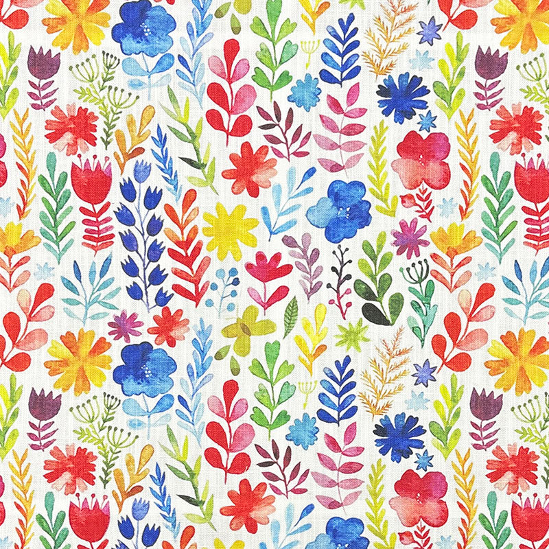 Painted Flower linen curtain fabric flat image with colourful floral pattern on white linen basecloth