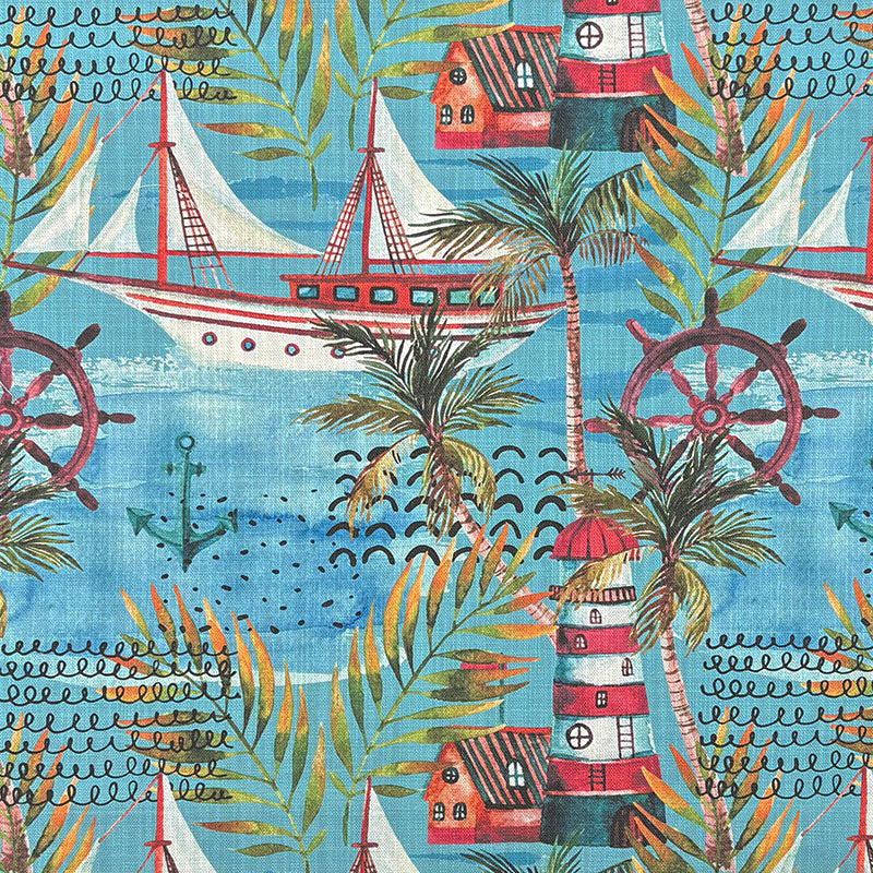 Painted Harbour linen curtain fabric flat image with blue and multicoloured coastal pattern