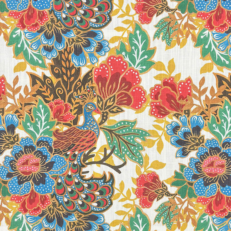 bold peacock curtain fabric with multicoloured floral pattern and painted style bird design on linen blend