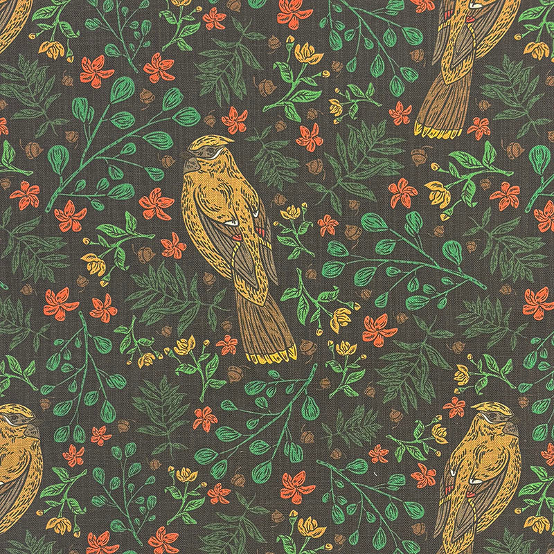 Painterly Bird linen curtain fabric flat image in Autumn warm colourway
