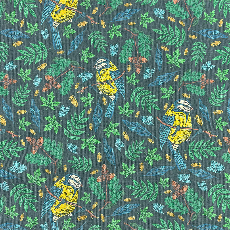 Painterly Bird linen curtain fabric flat image in Blue colourway