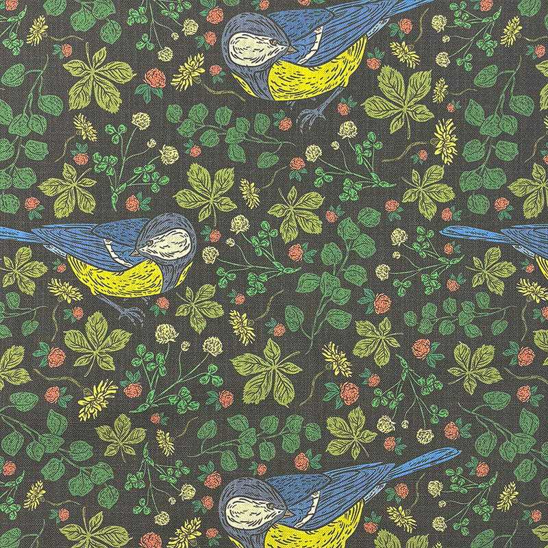 Painterly Bird linen curtain fabric flat image in Caper green colourway