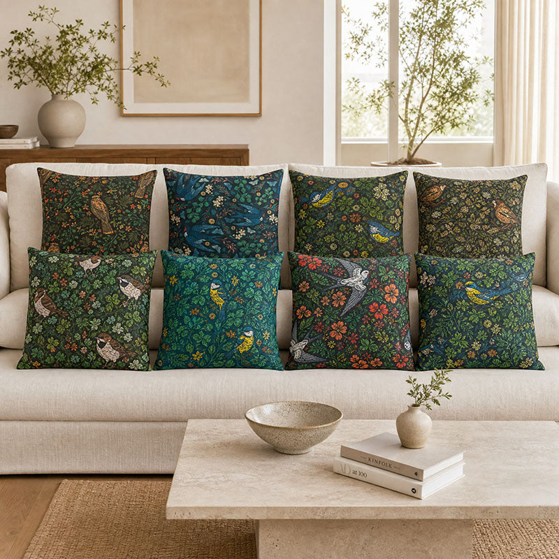 Painterly Bird linen curtain fabric cushions showing multiple bird print colourways