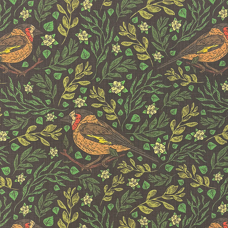 Painterly Bird linen curtain fabric flat image in Green colourway with decorative birds