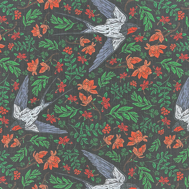 Painterly Bird linen curtain fabric flat image in Midnight blue colourway