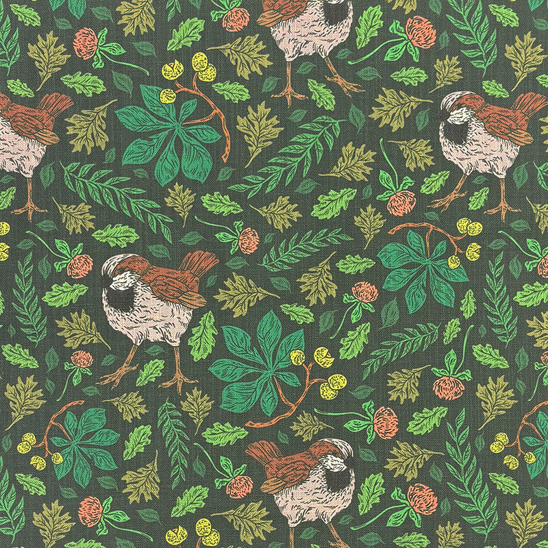 Painterly Bird linen curtain fabric flat image in Moss green colourway