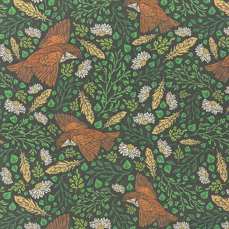 Painterly Bird linen curtain fabric flat image in Tendrill natural colourway