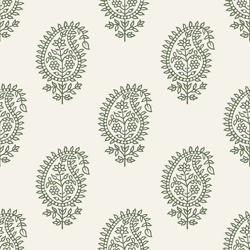 Flat image of Paisley Fennel velvet upholstery fabric with green paisley print on soft beige base