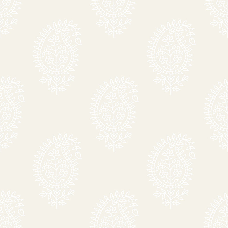 Flat image of Paisley Natural velvet upholstery fabric showing white floral paisley motifs on a neutral background