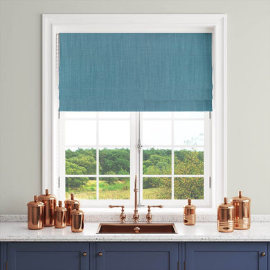 Panton Peacock Blue - Blue Plain Linen Curtain Blind Fabric