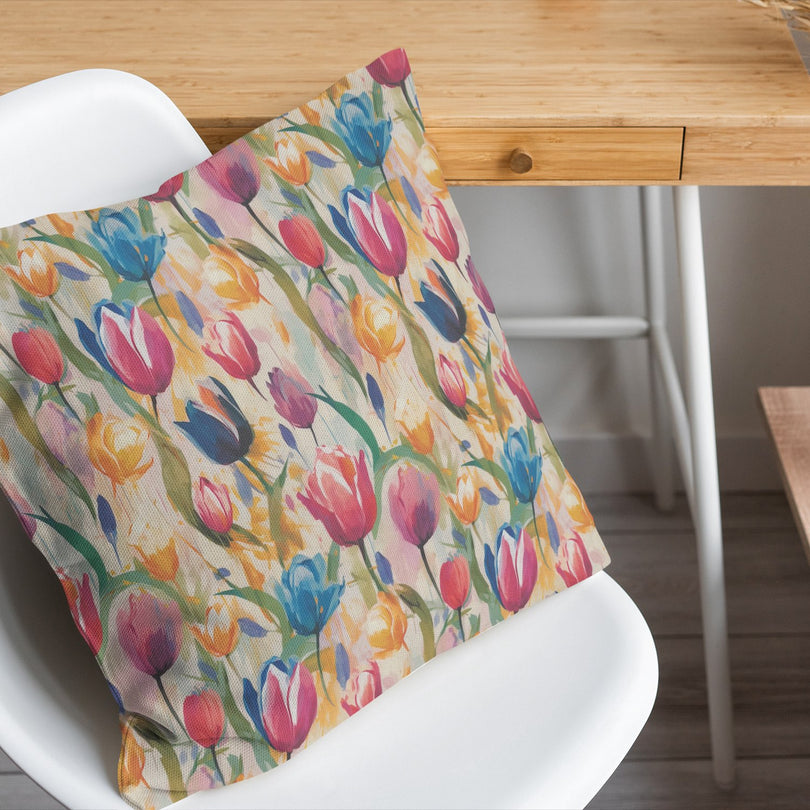 Pastel Tulips multicoloured cotton fabric made into decorative cushion on chair