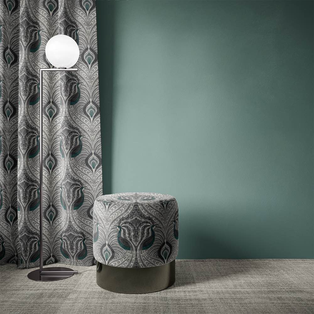 Peacock Velvet Fabric in Grey – styled curtain using floral velvet upholstery fabric in soft grey