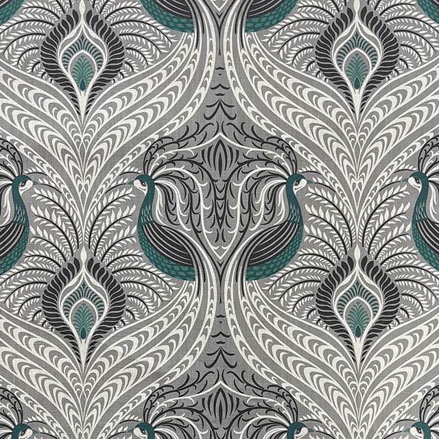 Peacock Velvet Fabric in Grey – flat fabric showing elegant peacock pattern on durable velvet