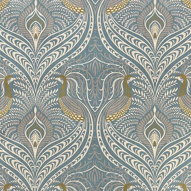 Peacock Velvet Fabric in Mineral – flat shot of floral and peacock print velvet upholstery fabric