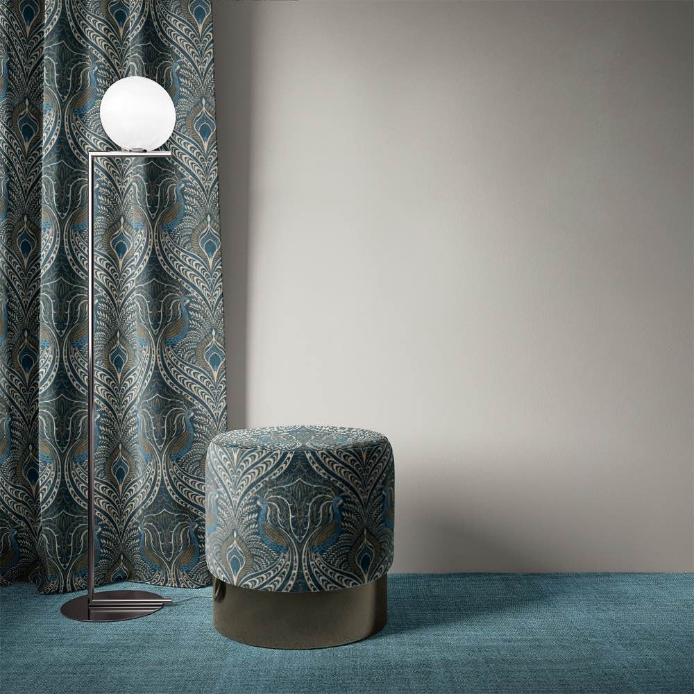 Peacock Velvet Fabric in Teal – velvet curtain with stylised peacock print in rich teal tones