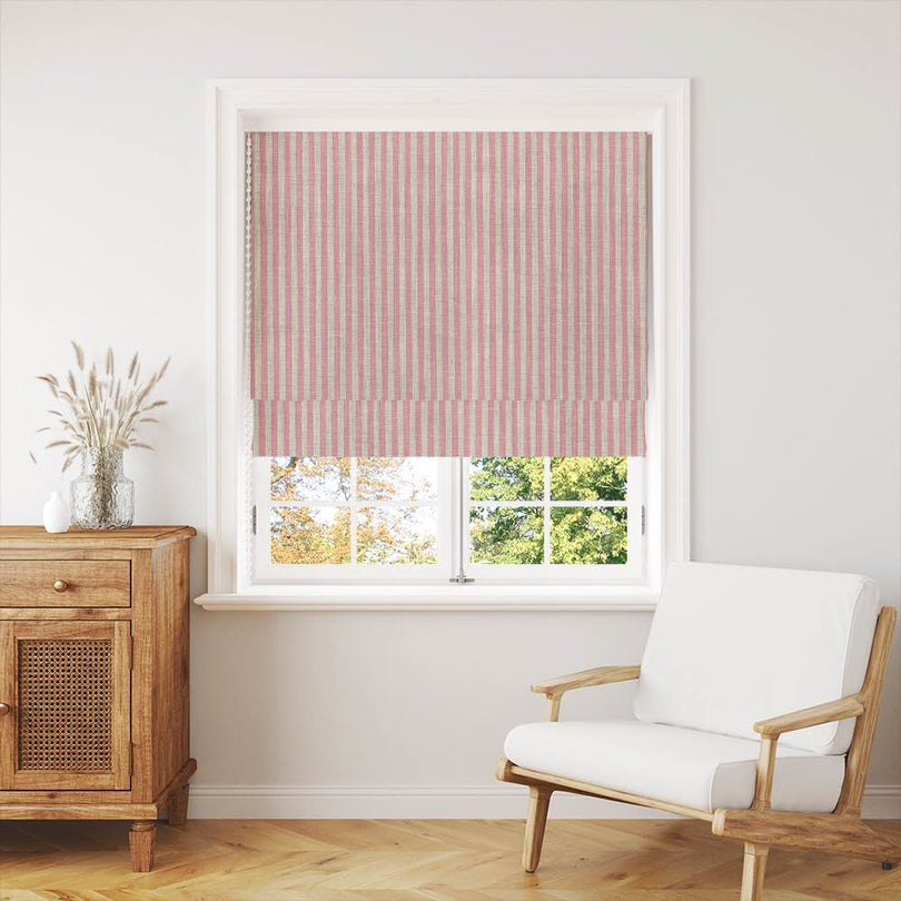Close-up of high-quality pencil stripe curtain fabric in soft and elegant neutral tones for stylish home decor