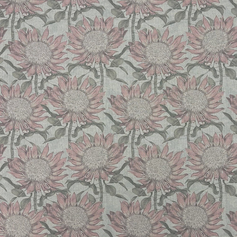 Flat lay of Penrose Floral Duck Egg upholstery fabric with soft blue and pink flowers