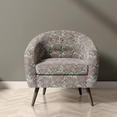 Penrose Floral Natural upholstery fabric on accent chair with pink flower pattern