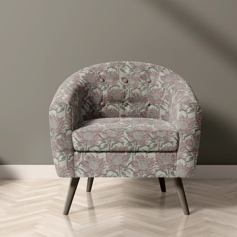 Penrose Floral Natural upholstery fabric on accent chair with pink flower pattern