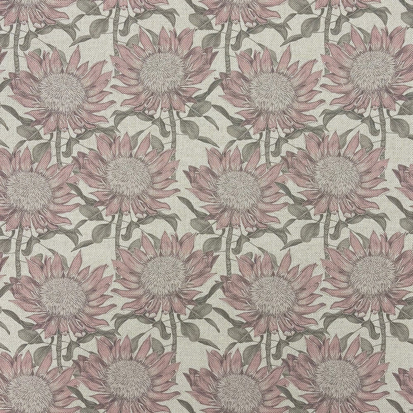 Close up of Penrose Floral Natural upholstery fabric with pink floral design
