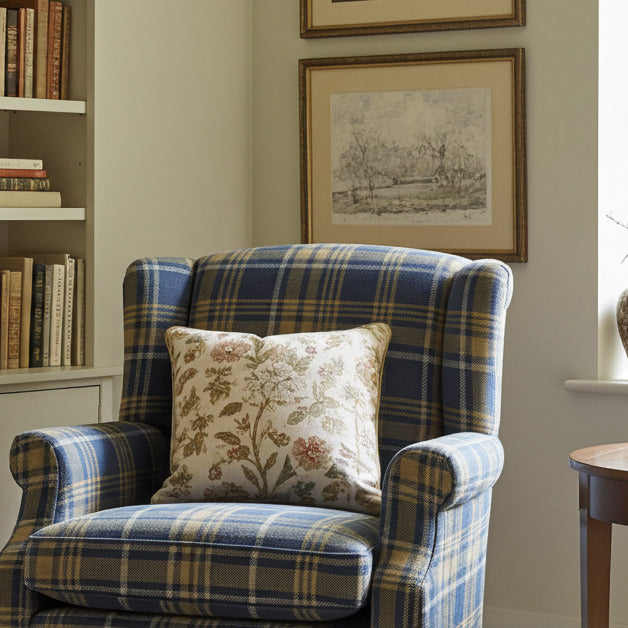 Blue and yellow plaid upholstery fabric on a classic armchair in a traditional reading nook with bookshelf backdrop