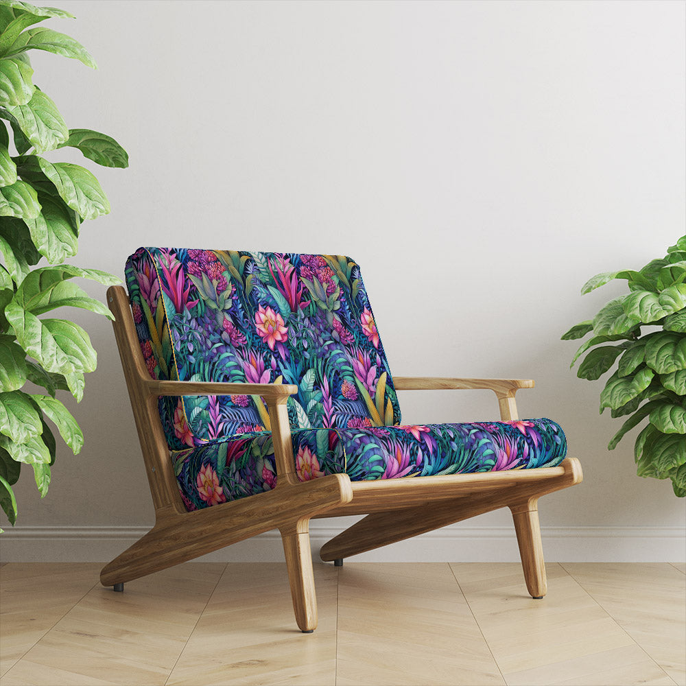 Peru floral velvet upholstery fabric on accent chair with bold tropical leaves and flowers