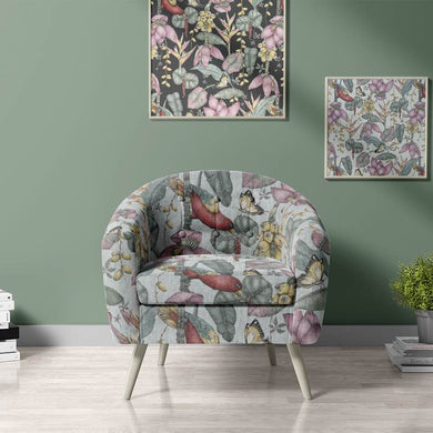 Plumeria Upholstery Fabric featuring a colorful tropical palm leaf motif