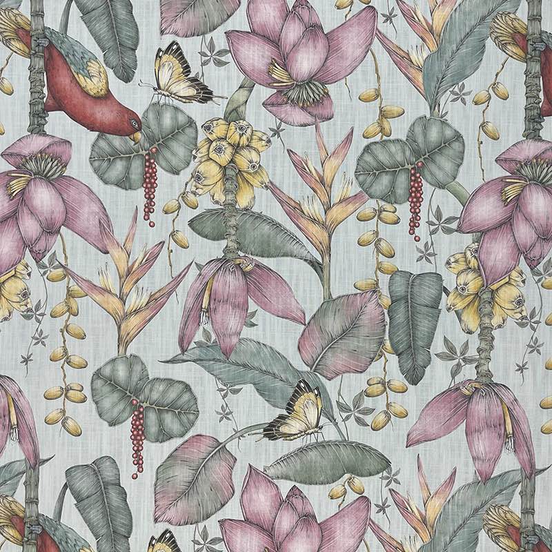 Plumeria Upholstery Fabric in vibrant red and gold floral pattern