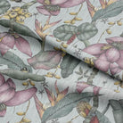 Luxurious Plumeria Upholstery Fabric with intricate peacock feather design